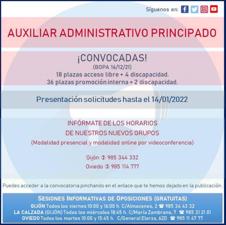 ¡CONVOCADAS PLAZAS AUXILIAR ADMINISTRATIVO PRINCIPADO! 16/12/21 ...