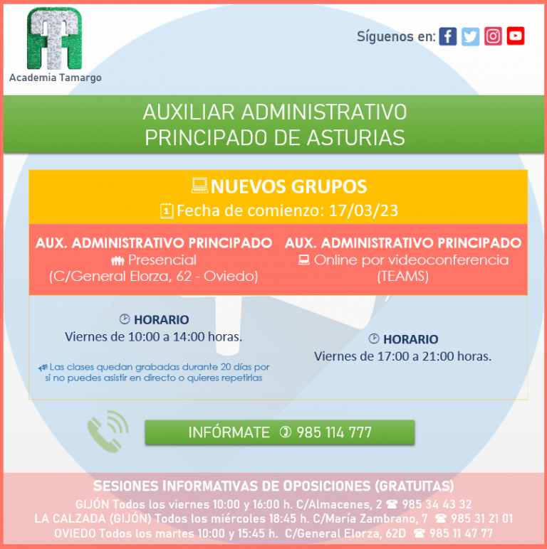 NUEVOS GRUPOS AUXILIAR ADMINISTRATIVO PRINCIPADO DE ASTURIAS Academia NUEVOS GRUPOS AUXILIAR ADMINISTRATIVO PRINCIPADO DE ASTURIAS Academia